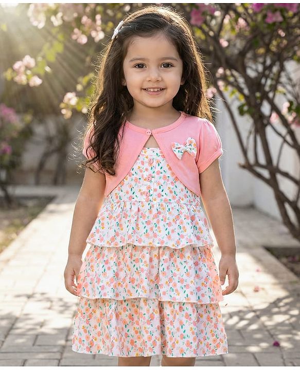 Babyhug Single Jersey Knit Floral Printed Frock with Half Sleeves Shrug - Pink & White