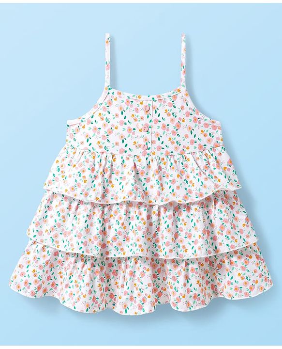 Babyhug Single Jersey Knit Floral Printed Frock with Half Sleeves Shrug - Pink & White