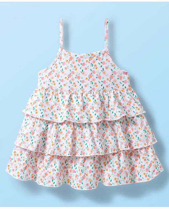 Babyhug Single Jersey Knit Floral Printed Frock with Half Sleeves Shrug - Pink & White