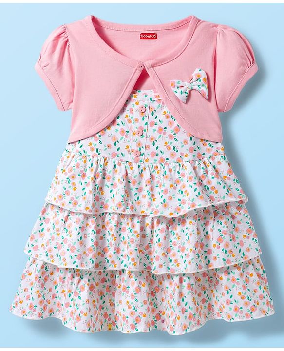 Babyhug Single Jersey Knit Floral Printed Frock with Half Sleeves Shrug - Pink & White