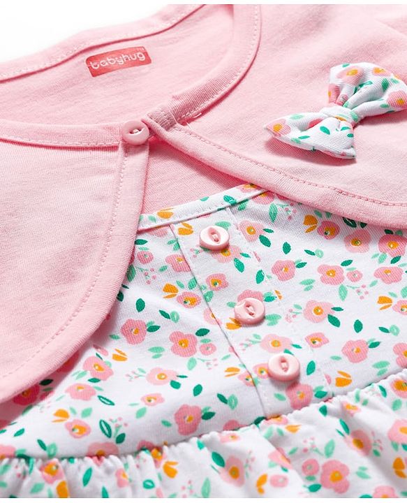 Babyhug Single Jersey Knit Floral Printed Frock with Half Sleeves Shrug - Pink & White