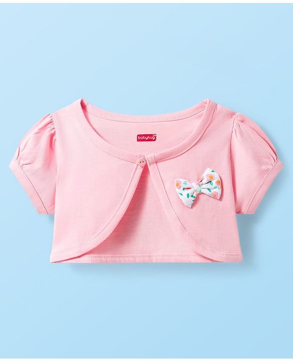 Babyhug Single Jersey Knit Floral Printed Frock with Half Sleeves Shrug - Pink & White