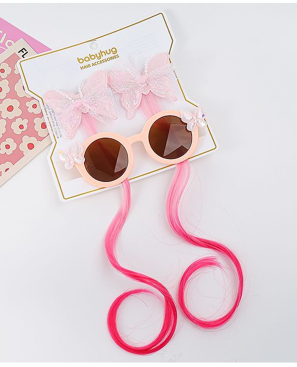 Babyhug Free Size Clips & Sunglasses Combo Set With Butterfly Applique - Pink