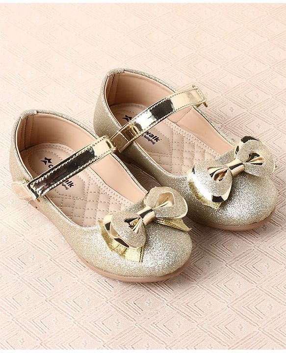 Cute Walk by Babyhug Ballerina with Velcro Closure Glitter Print & Bow Applique - Golden