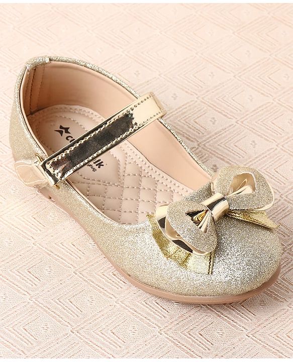 Cute Walk by Babyhug Ballerina with Velcro Closure Glitter Print & Bow Applique - Golden