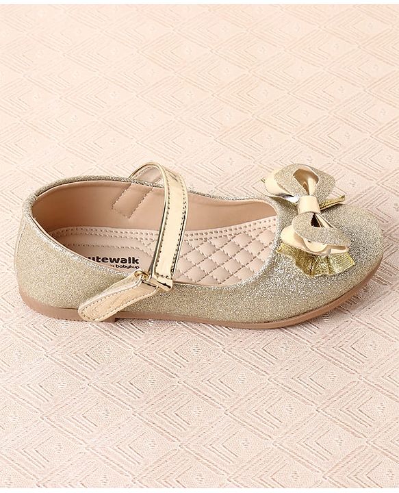 Cute Walk by Babyhug Ballerina with Velcro Closure Glitter Print & Bow Applique - Golden