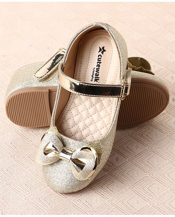 Cute Walk by Babyhug Ballerina with Velcro Closure Glitter Print & Bow Applique - Golden