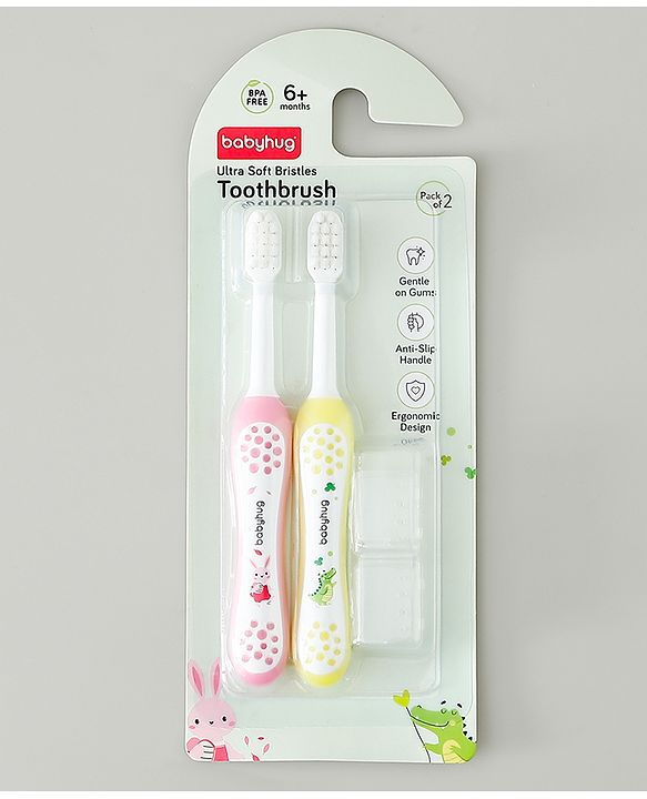 Babyhug Ultra Soft Bristles Kids Toothbrush Cute Crocodile & Rabbit Print Pack of 2 Green & Pink| Anti-slip Handle| Gentle on Gums| Ideal Head Size| Encourages Self Brushing