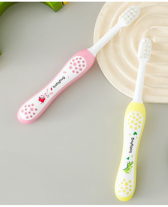 Babyhug Ultra Soft Bristles Kids Toothbrush Cute Crocodile & Rabbit Print Pack of 2 Green & Pink| Anti-slip Handle| Gentle on Gums| Ideal Head Size| Encourages Self Brushing