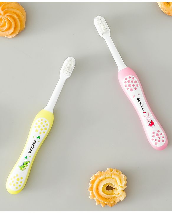 Babyhug Ultra Soft Bristles Kids Toothbrush Cute Crocodile & Rabbit Print Pack of 2 Green & Pink| Anti-slip Handle| Gentle on Gums| Ideal Head Size| Encourages Self Brushing