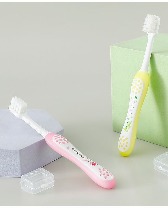 Babyhug Ultra Soft Bristles Kids Toothbrush Cute Crocodile & Rabbit Print Pack of 2 Green & Pink| Anti-slip Handle| Gentle on Gums| Ideal Head Size| Encourages Self Brushing