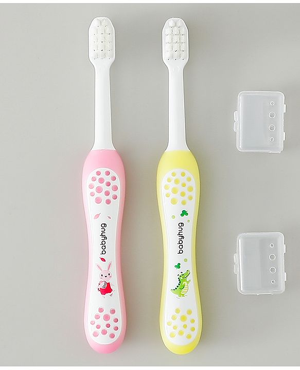 Babyhug Ultra Soft Bristles Kids Toothbrush Cute Crocodile & Rabbit Print Pack of 2 Green & Pink| Anti-slip Handle| Gentle on Gums| Ideal Head Size| Encourages Self Brushing