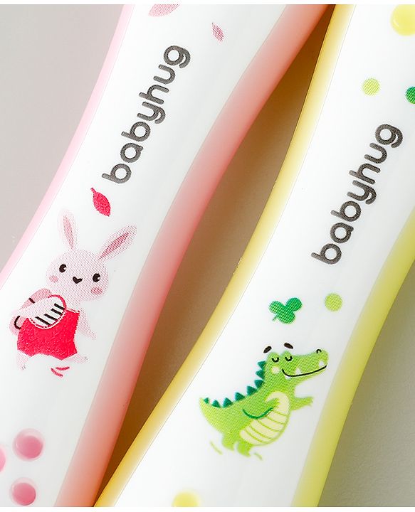 Babyhug Ultra Soft Bristles Kids Toothbrush Cute Crocodile & Rabbit Print Pack of 2 Green & Pink| Anti-slip Handle| Gentle on Gums| Ideal Head Size| Encourages Self Brushing