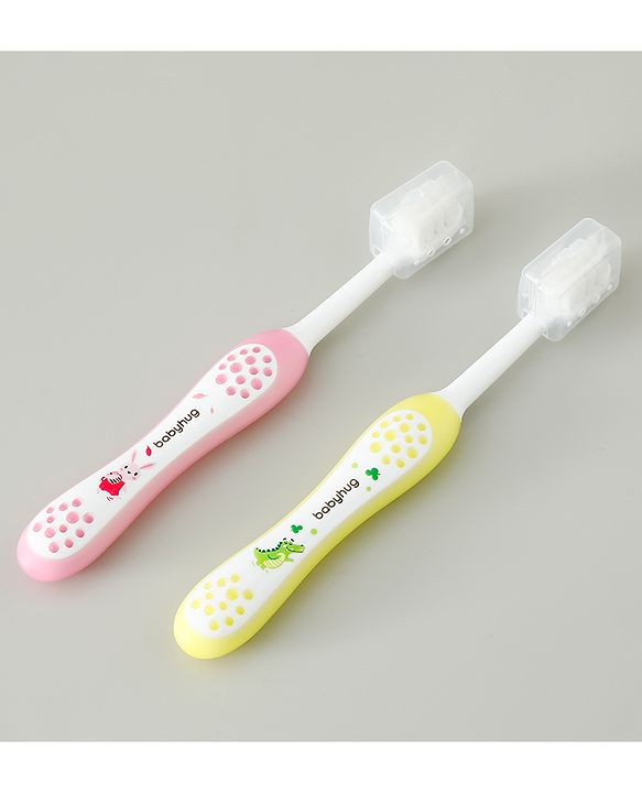 Babyhug Ultra Soft Bristles Kids Toothbrush Cute Crocodile & Rabbit Print Pack of 2 Green & Pink| Anti-slip Handle| Gentle on Gums| Ideal Head Size| Encourages Self Brushing