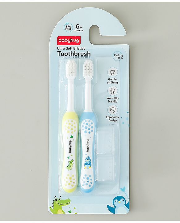 Babyhug Ultra Soft Bristles Kids Toothbrush Cute Crocodile & Rabbit Print Pack of 2 Green & Pink| Anti-slip Handle| Gentle on Gums| Ideal Head Size| Encourages Self Brushing