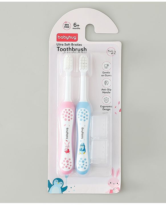 Babyhug Ultra Soft Bristles Kids Toothbrush Cute Crocodile & Rabbit Print Pack of 2 Green & Pink| Anti-slip Handle| Gentle on Gums| Ideal Head Size| Encourages Self Brushing