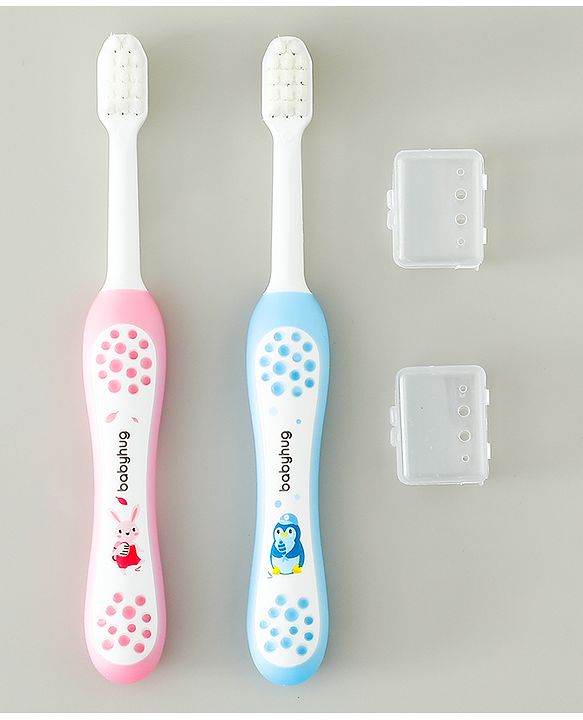 Babyhug Ultra Soft Bristles Kids Toothbrush Cute Crocodile & Rabbit Print Pack of 2 Green & Pink| Anti-slip Handle| Gentle on Gums| Ideal Head Size| Encourages Self Brushing