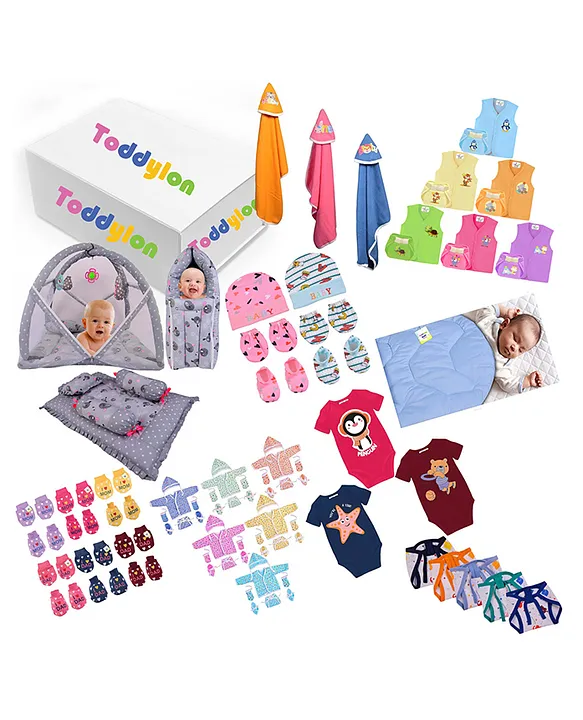 Toddylon 79 in New Born Baby Products All Cotton Essential Items Gift  Packs for Infants Bedding Set Clothing Combo Maternity Kit (0-6  Months)