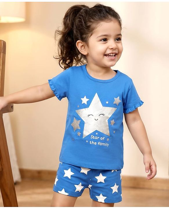 Babyhug Cotton Knit Half Sleeves Shorts Night Suit Set with Star Print Bow & Frill Detailing - Blue