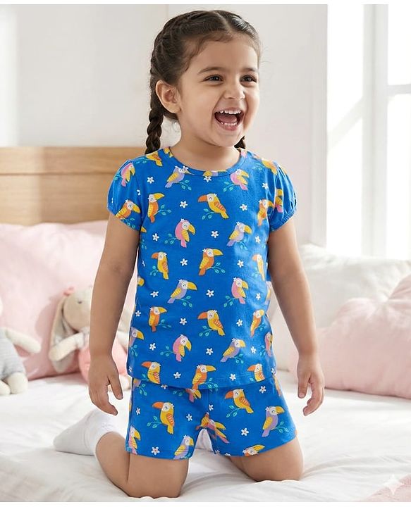 Babyhug Cotton Knit Half Sleeves Shorts Co-Ord Night Suit With Bird & Floral Print - Blue