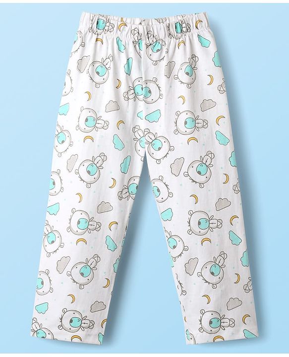 Babyhug Cotton Knit Front Open Full Sleeves Co-ords Night Suit With Animal Print - White