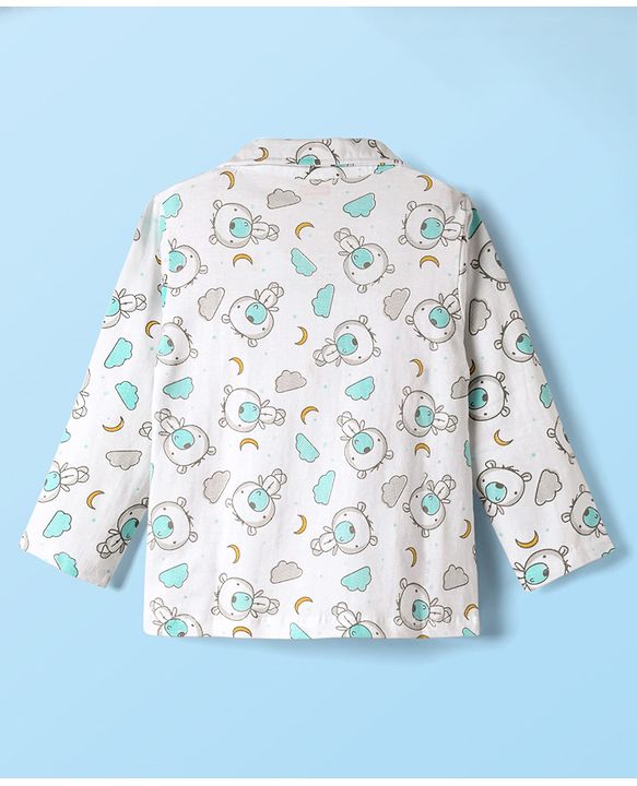 Babyhug Cotton Knit Front Open Full Sleeves Co-ords Night Suit With Animal Print - White