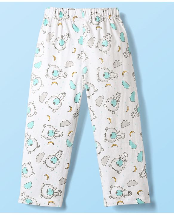 Babyhug Cotton Knit Front Open Full Sleeves Co-ords Night Suit With Animal Print - White
