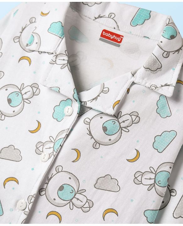 Babyhug Cotton Knit Front Open Full Sleeves Co-ords Night Suit With Animal Print - White