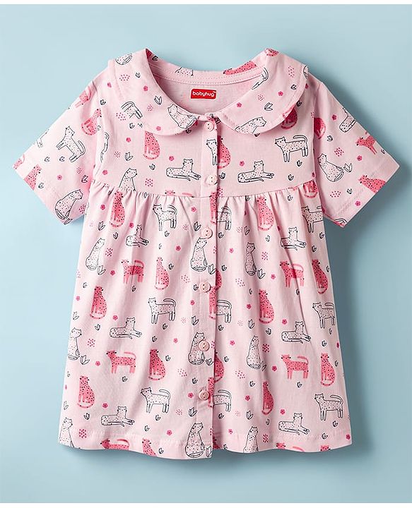 Babyhug 100% Cotton Knit Half Sleeves Co-ords Night Suit With Animal Print - Pink