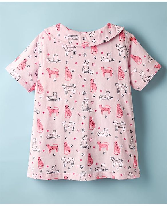 Babyhug 100% Cotton Knit Half Sleeves Co-ords Night Suit With Animal Print - Pink