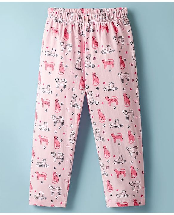 Babyhug 100% Cotton Knit Half Sleeves Co-ords Night Suit With Animal Print - Pink