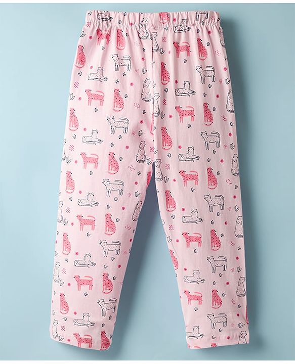 Babyhug 100% Cotton Knit Half Sleeves Co-ords Night Suit With Animal Print - Pink