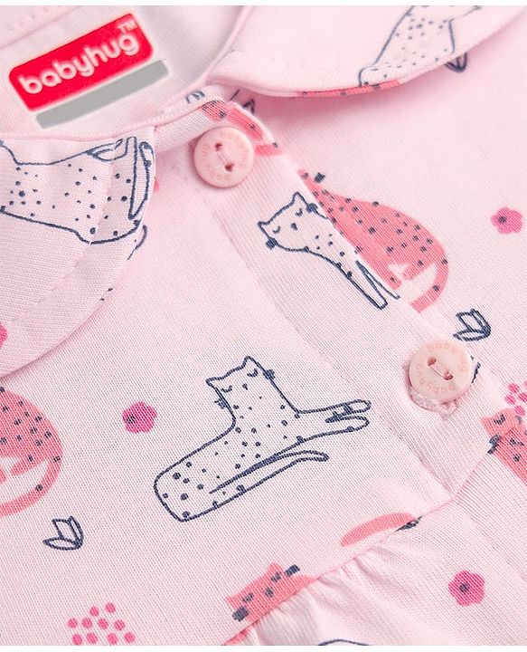 Babyhug 100% Cotton Knit Half Sleeves Co-ords Night Suit With Animal Print - Pink