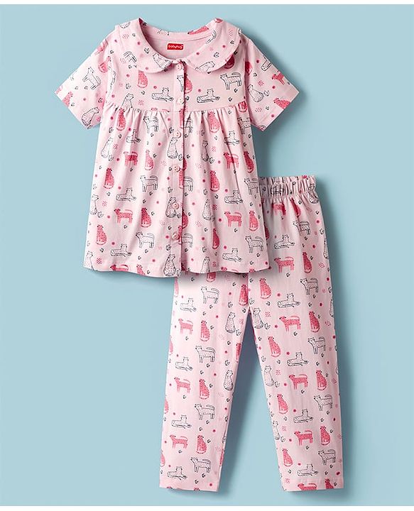 Babyhug 100% Cotton Knit Half Sleeves Co-ords Night Suit With Animal Print - Pink