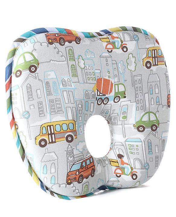 Babyhug Memory Foam Head Shaping Baby Pillow Transport Print - Grey| Prevents Flat-Head Syndrome| Firm| Neck and Shoulder Support| Soft Breathable Fabric| Washable| Travel Friendly| 0+ Months