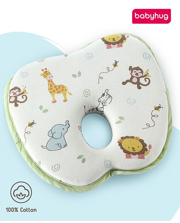 Babyhug Memory Foam Head Shaping Baby Pillow Transport Print - Green| Prevents Flat-Head Syndrome| Firm| Neck and Shoulder Support| Soft Breathable Fabric| Washable| Travel Friendly| 0+ Months