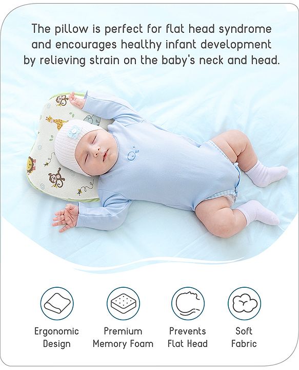 Babyhug Memory Foam Head Shaping Baby Pillow Transport Print - Green| Prevents Flat-Head Syndrome| Firm| Neck and Shoulder Support| Soft Breathable Fabric| Washable| Travel Friendly| 0+ Months