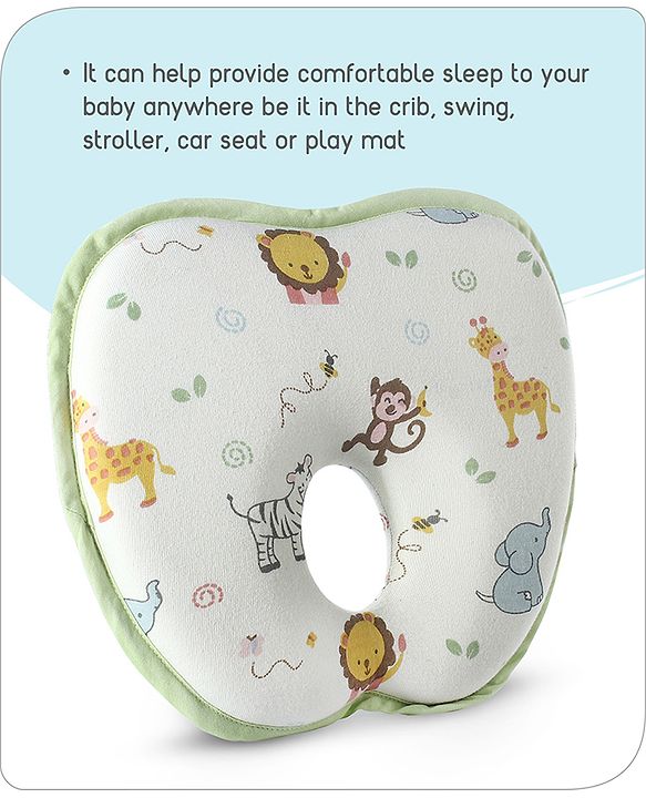 Babyhug Memory Foam Head Shaping Baby Pillow Transport Print - Green| Prevents Flat-Head Syndrome| Firm| Neck and Shoulder Support| Soft Breathable Fabric| Washable| Travel Friendly| 0+ Months