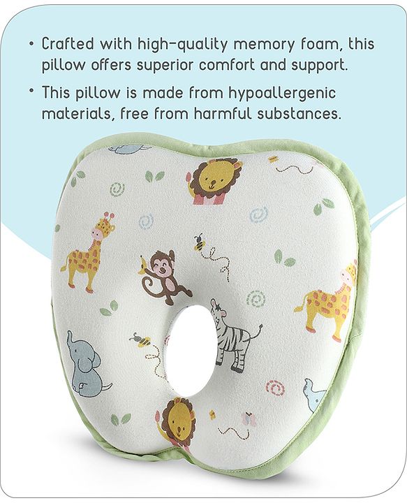 Babyhug Memory Foam Head Shaping Baby Pillow Transport Print - Green| Prevents Flat-Head Syndrome| Firm| Neck and Shoulder Support| Soft Breathable Fabric| Washable| Travel Friendly| 0+ Months