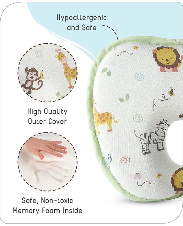Babyhug Memory Foam Head Shaping Baby Pillow Transport Print - Green| Prevents Flat-Head Syndrome| Firm| Neck and Shoulder Support| Soft Breathable Fabric| Washable| Travel Friendly| 0+ Months