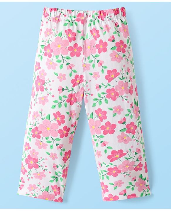 Babyhug Cotton Knit Half Sleeves Co-Ord Night Suit With Floral Print - White