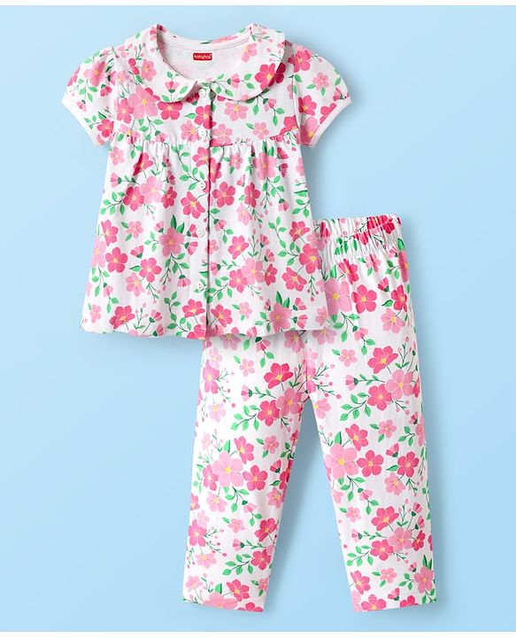 Babyhug Cotton Knit Half Sleeves Co-Ord Night Suit With Floral Print - White
