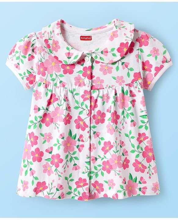Babyhug Cotton Knit Half Sleeves Co-Ord Night Suit With Floral Print - White