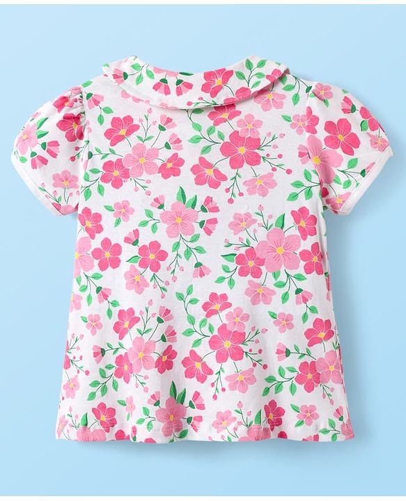 Babyhug Cotton Knit Half Sleeves Co-Ord Night Suit With Floral Print - White
