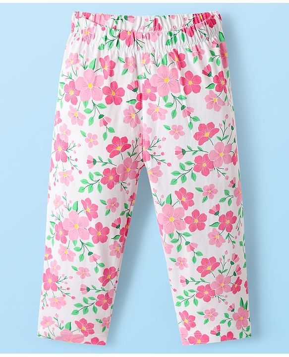 Babyhug Cotton Knit Half Sleeves Co-Ord Night Suit With Floral Print - White