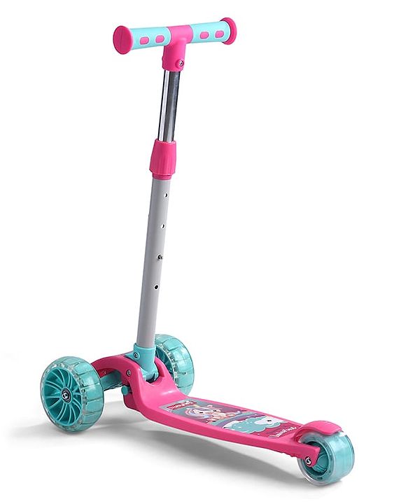 Babyhug 3 Wheel Foldable Kids Scooter with LED Light 4 Level Height Adjustment - Pink| Lean to Steer| Stable Design| Toy for 3 to 14 year Boys and Girls| Sport Gift| Promotes Physical Activity
