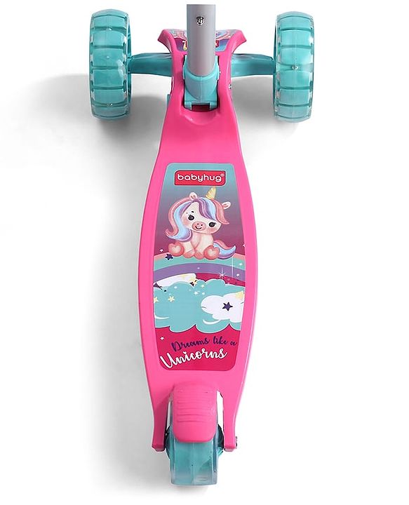 Babyhug 3 Wheel Foldable Kids Scooter with LED Light 4 Level Height Adjustment - Pink| Lean to Steer| Stable Design| Toy for 3 to 14 year Boys and Girls| Sport Gift| Promotes Physical Activity