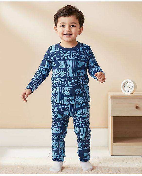 Babyhug Cotton Knit Full Sleeves Co-ords Night Suit With Abstract Print - Blue