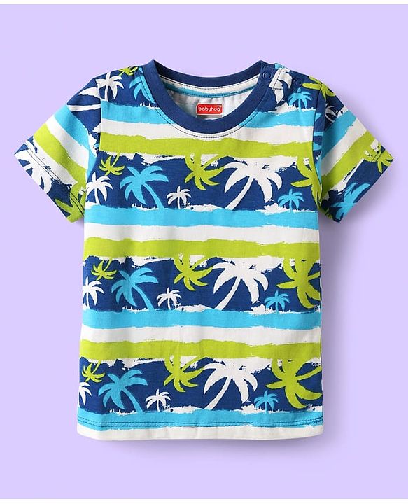 Babyhug Cotton Knit Half Sleeves Short Co-Ord Night Suit with Beach Theme Print - Green & Blue