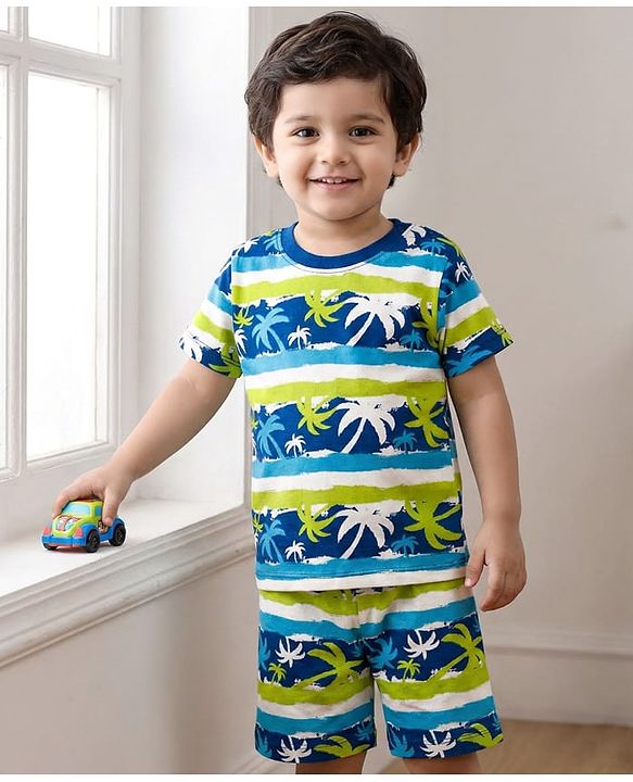 Babyhug Cotton Knit Half Sleeves Short Co-Ord Night Suit with Beach Theme Print - Green & Blue